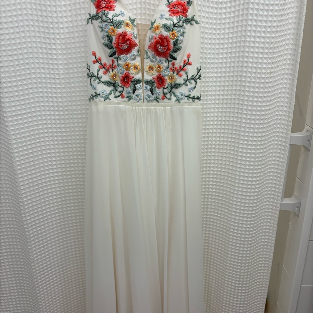 Faviana White Maxi Dress with Floral Embroidery